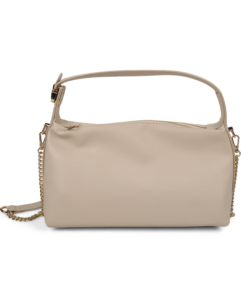A light beige leather shoulder bag with a top handle and a gold-tone chain strap, shown against a plain white background.