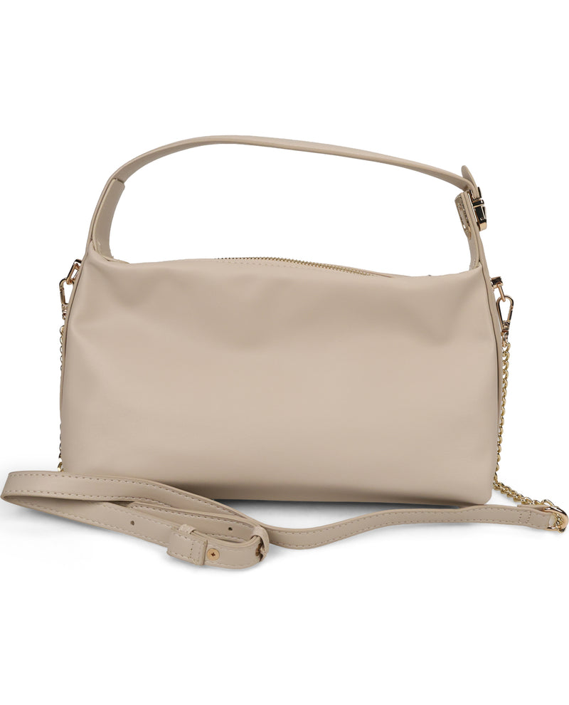 A light beige shoulder bag with a top handle and a detachable shoulder strap, featuring gold-tone hardware, shown on a plain white background.