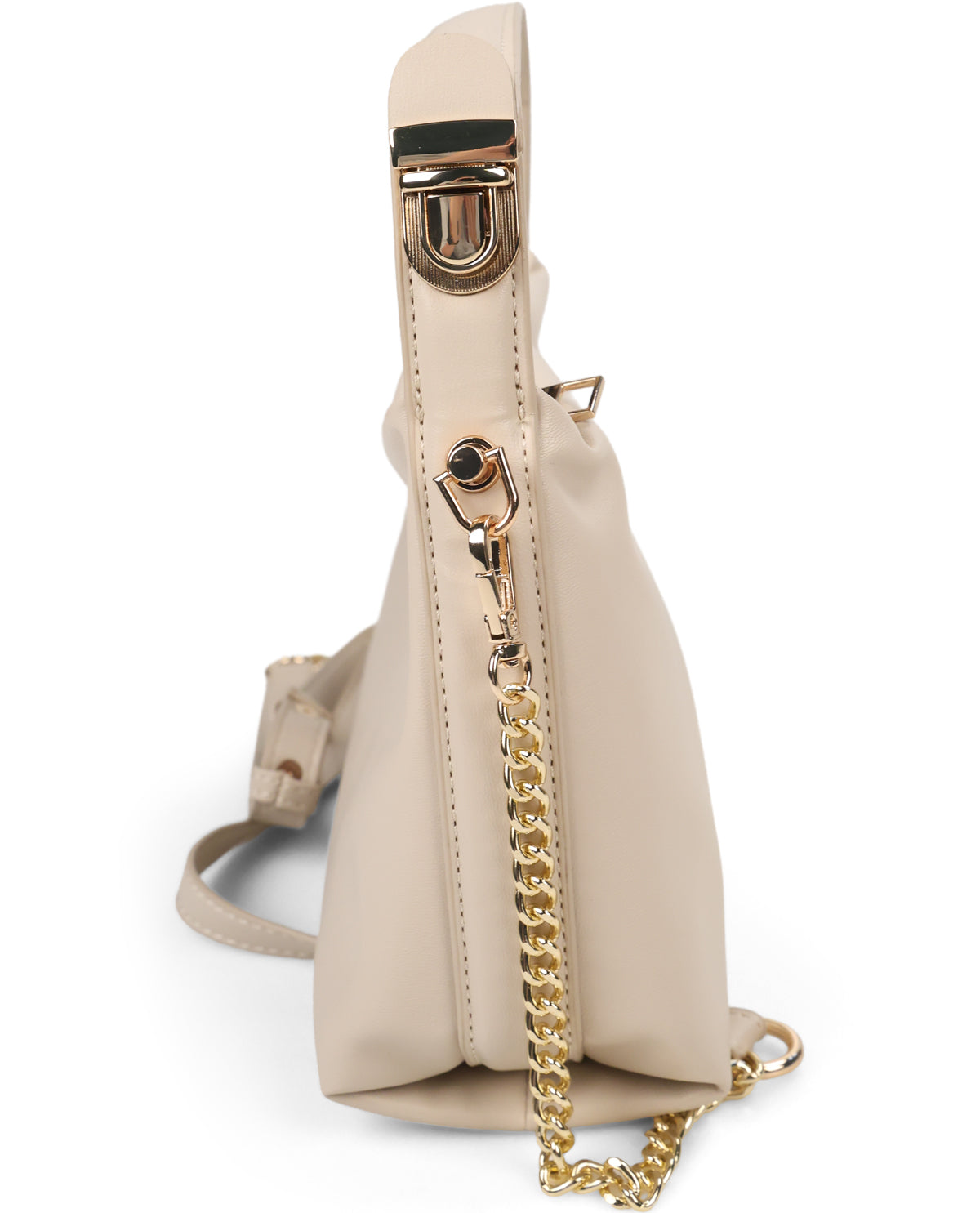 A light beige shoulder bag with a gold-tone chain strap and a gold buckle closure, shown from a side profile view on a white background.