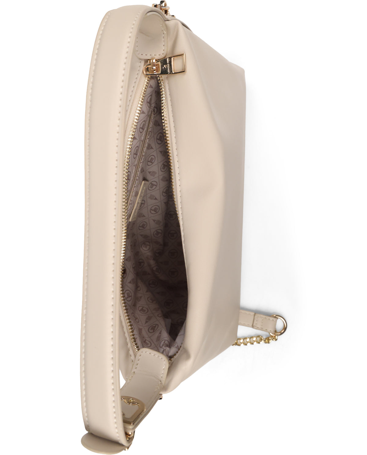 An off-white leather clutch bag with a gold-tone zipper and chain strap, shown open to reveal a patterned brown interior lining.