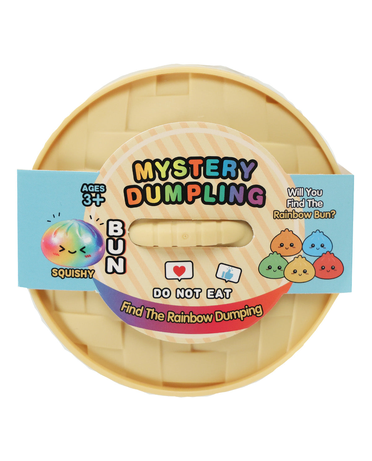 A round beige plastic toy container with a colorful paper label reading 'Mystery Dumpling' and 'BUN'. The label shows cartoon dumpling illustrations and says 'DO NOT EAT'.
