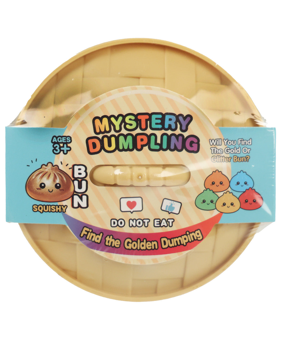 A packaged toy product labeled 'Mystery Dumpling' with a colorful cartoon graphic and text including 'Squishy' and 'BUN'.
