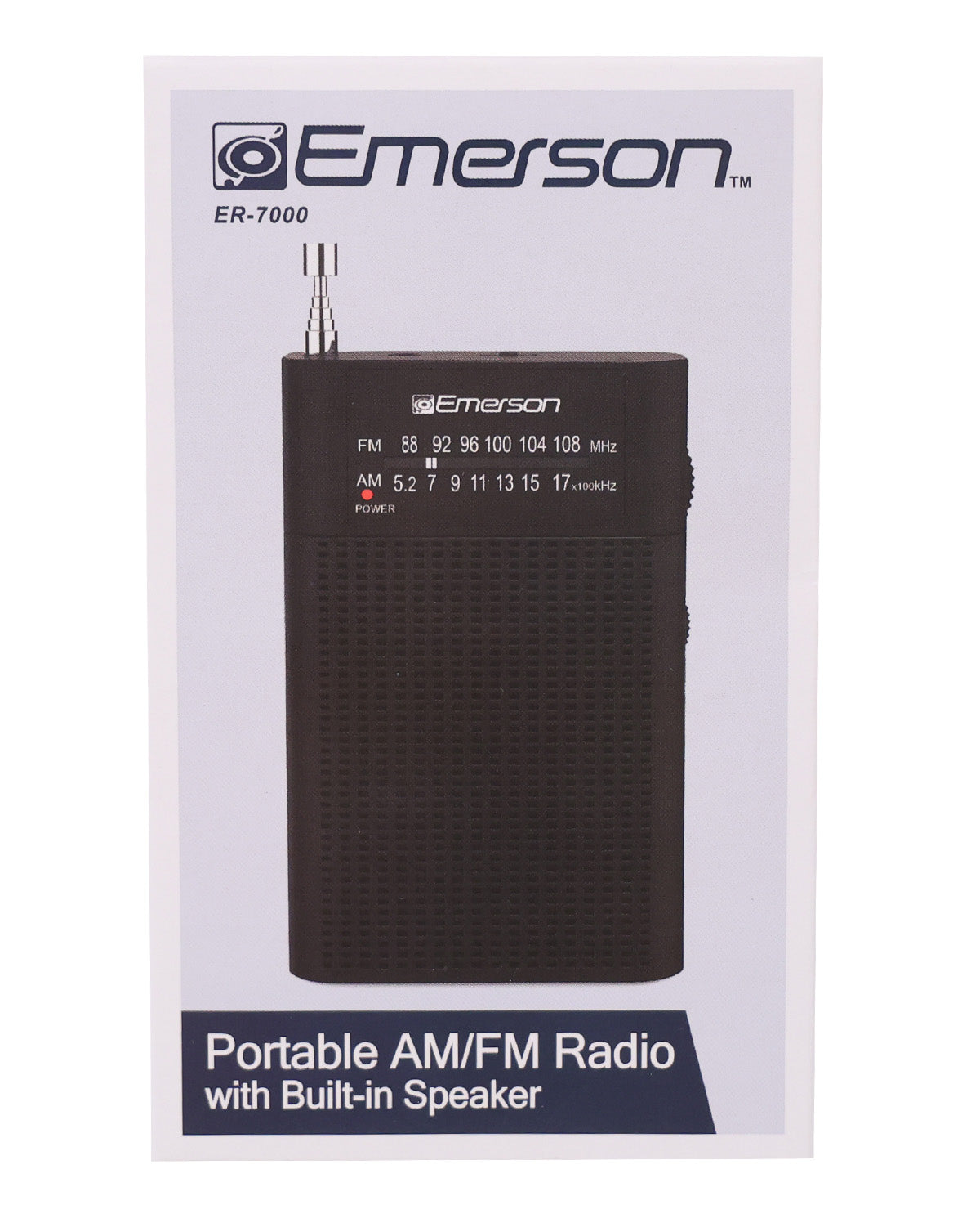 Emerson ER-7000 portable AM/FM radio with built-in speaker, shown on its retail packaging against a white background.