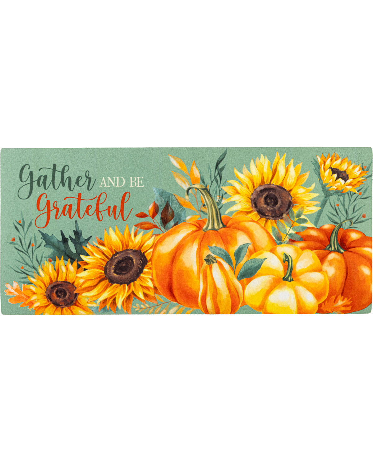 Decorative mat with pumpkins and sunflowers and text 'Gather and be grateful' on a green background