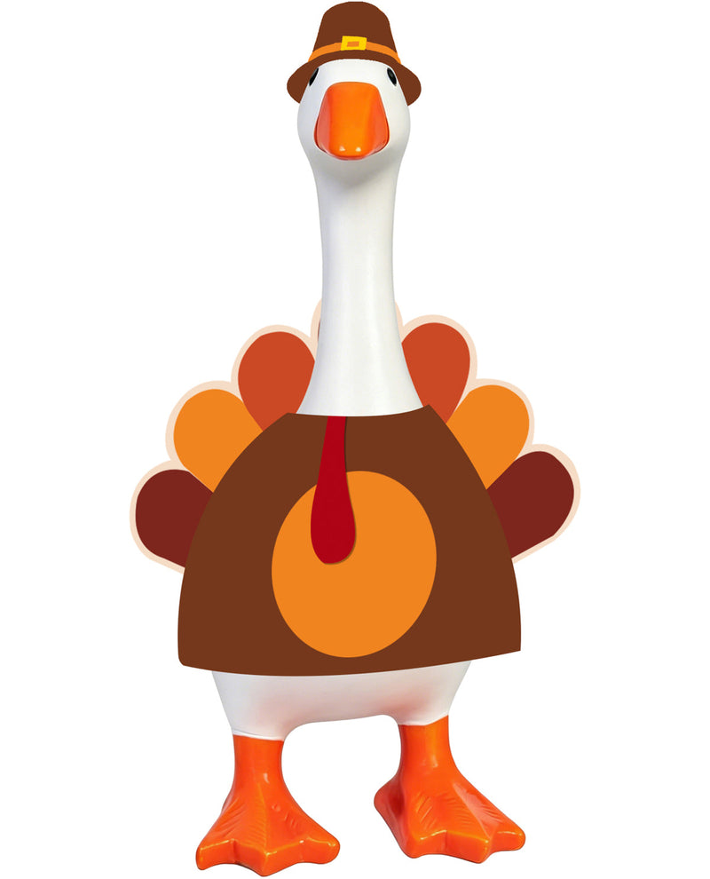 Decorative goose wearing a Thanksgiving outfit with a brown hat, brown vest, and orange accents on a white background.