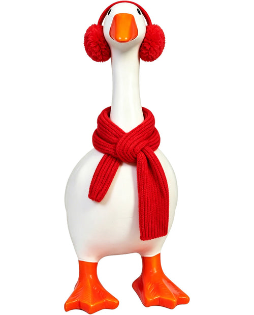 Decorative goose figurine wearing a red scarf and earmuffs on a white background