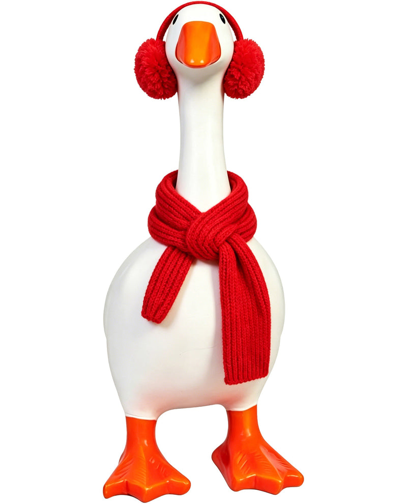 Decorative goose figurine wearing a red scarf and earmuffs on a white background