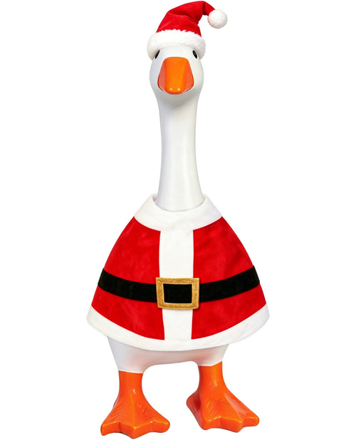 Decorative goose wearing a Santa outfit on a white background