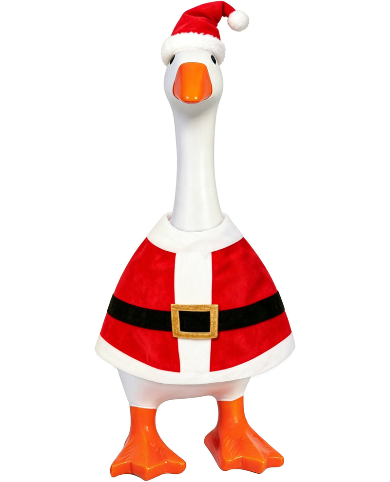 Decorative goose wearing a Santa outfit on a white background