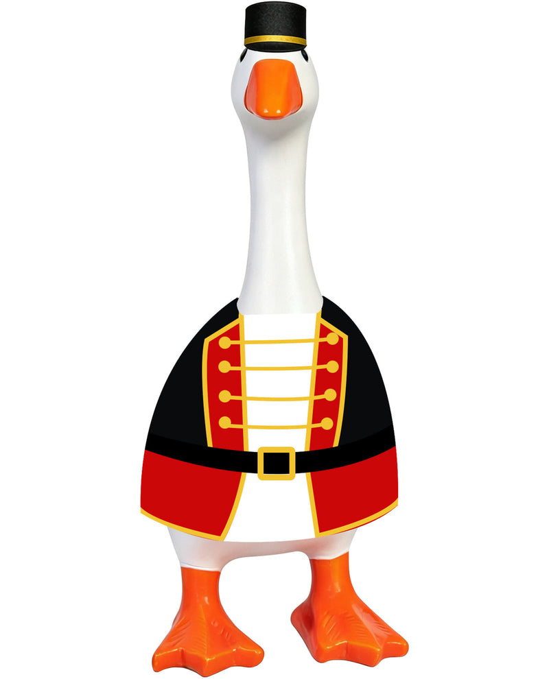 Decorative goose figurine wearing a pirate costume on a white background