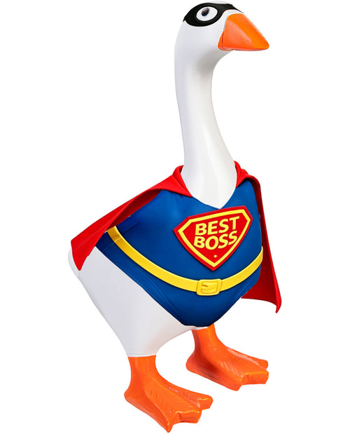 Goose wearing a superhero costume with 'Best Boss' emblem on a white background