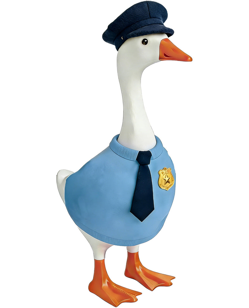 Decorative goose figurine dressed in a blue uniform with a hat on a white background