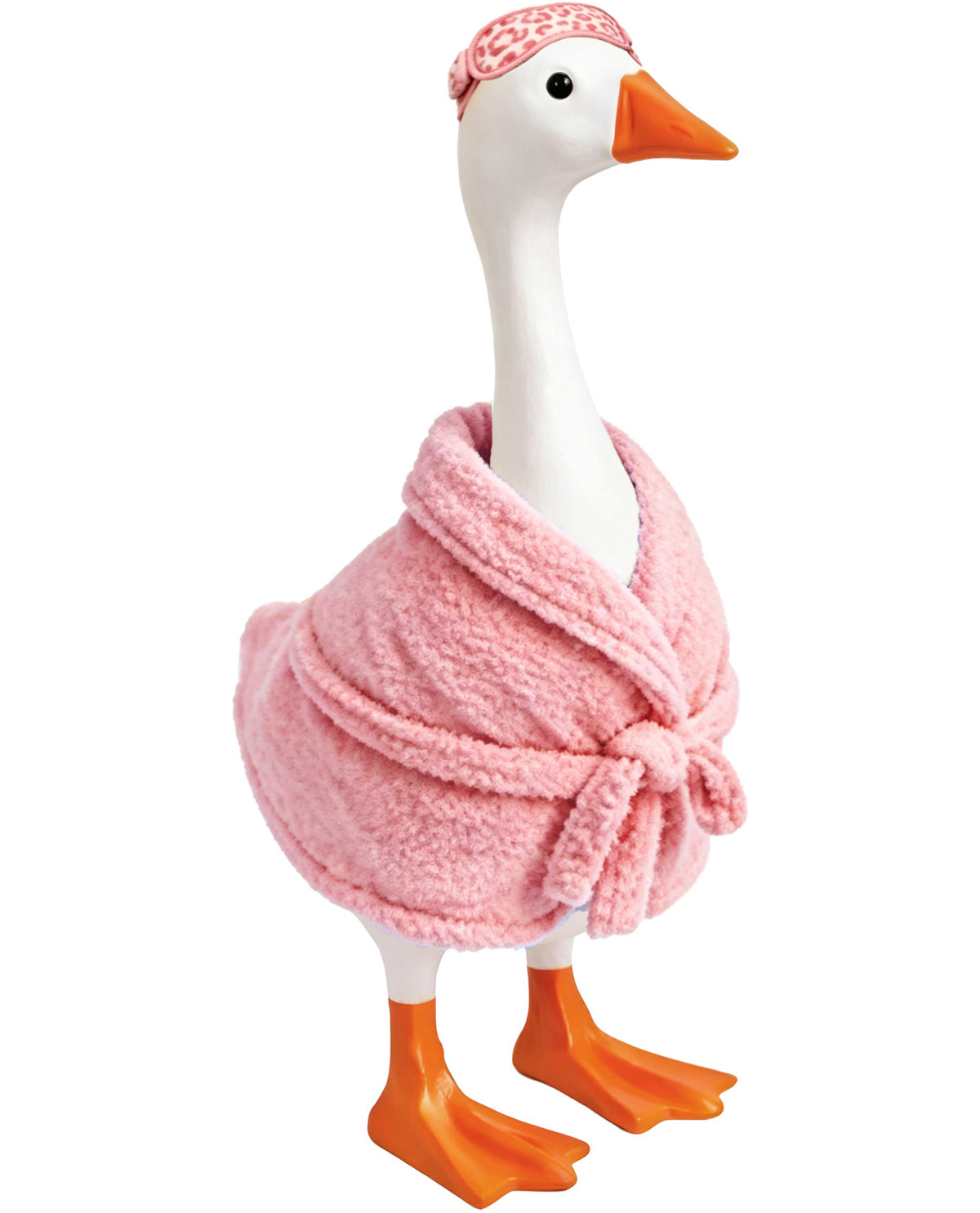 Plush toy goose wearing a pink robe and headband on a white background