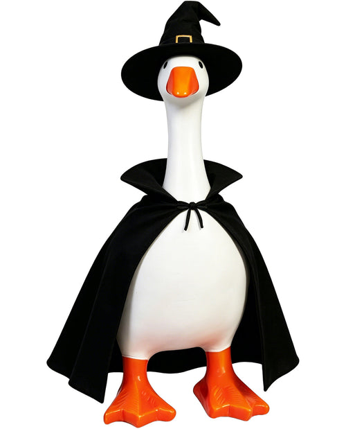 Goose wearing a black witch hat and cape on a white background