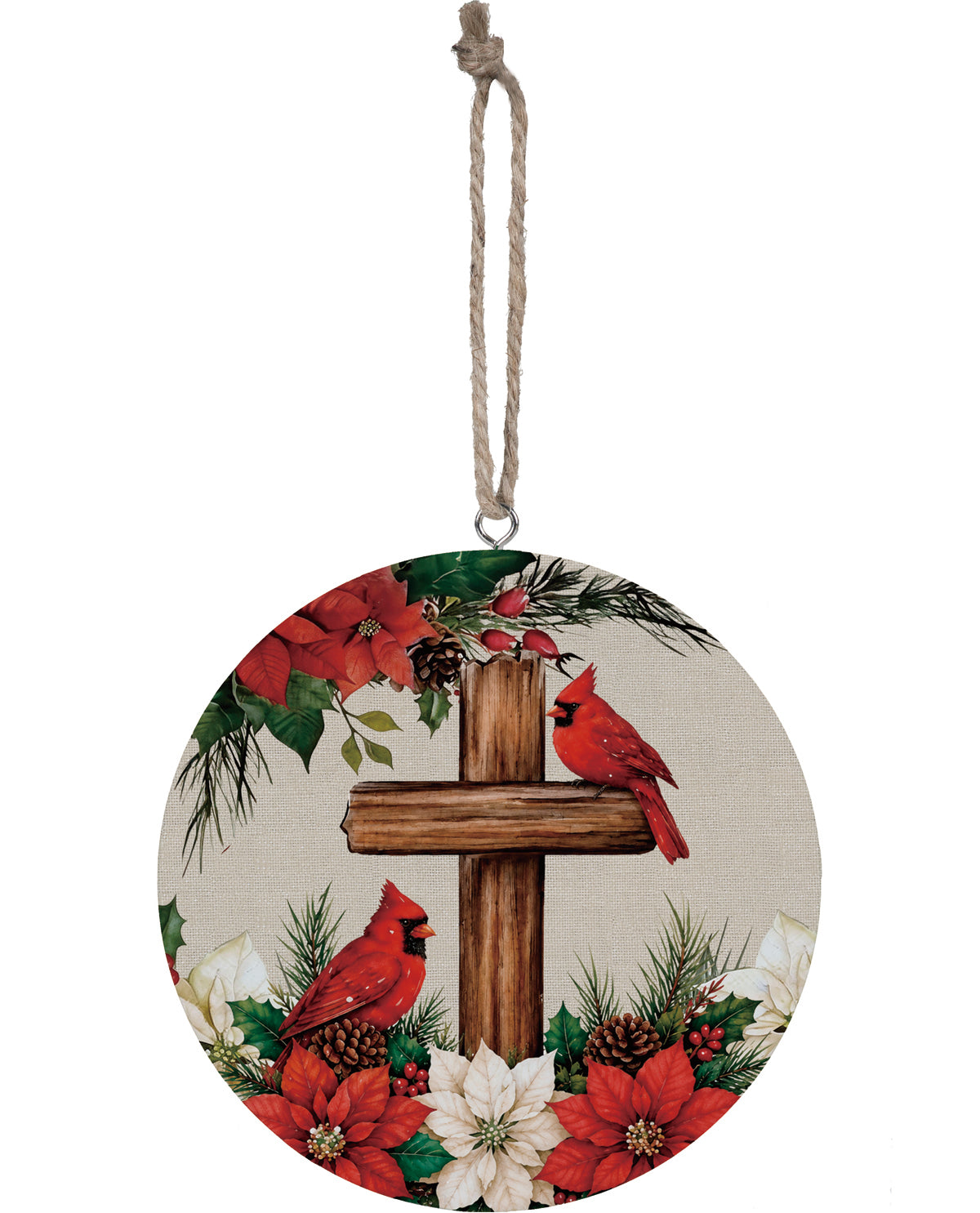 Evergreen Cross & Cardinal Wood Ornament
