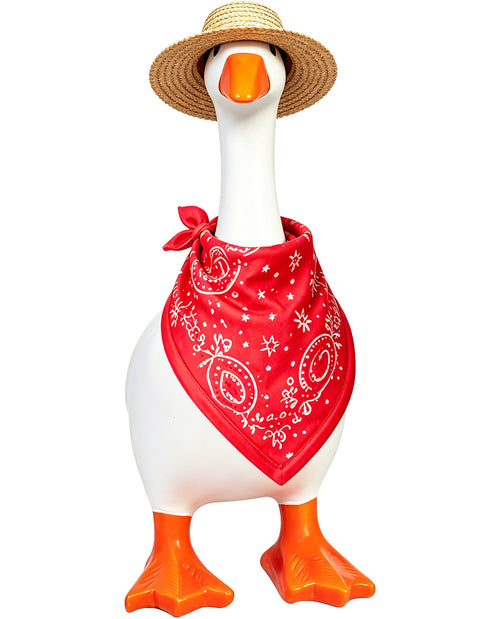 Decorative goose figurine wearing a straw hat and red bandana on a white background