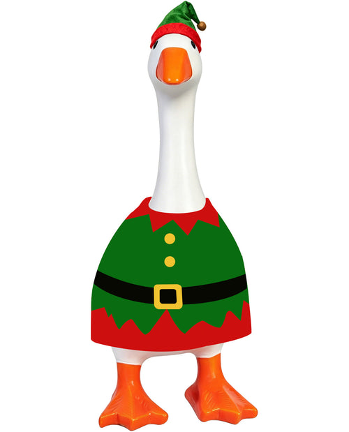 Decorative goose figurine dressed as an elf on a white background