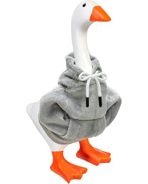 Goose wearing a gray hoodie with orange feet on a white background