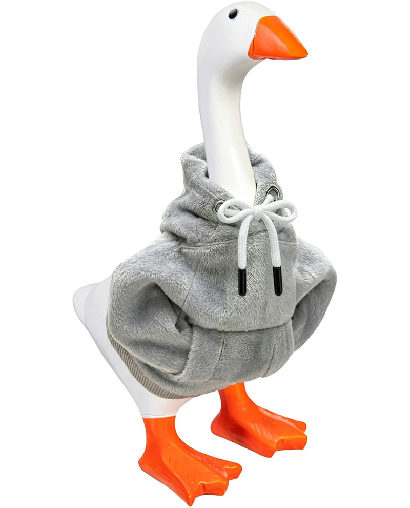 Goose wearing a gray hoodie with orange feet on a white background