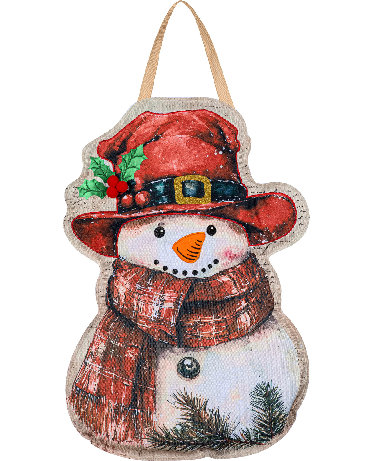 A snowman-shaped hanging Christmas decoration with a red hat, green holly leaves, red scarf, and orange carrot nose on a white background.