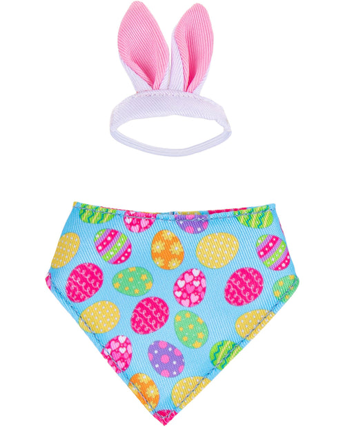 Colorful easter egg patterned headband with bunny ears on a white background