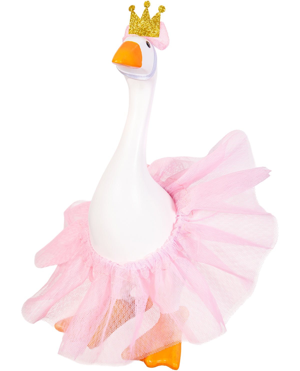 Plush toy goose with a pink tutu and gold crown on a white background