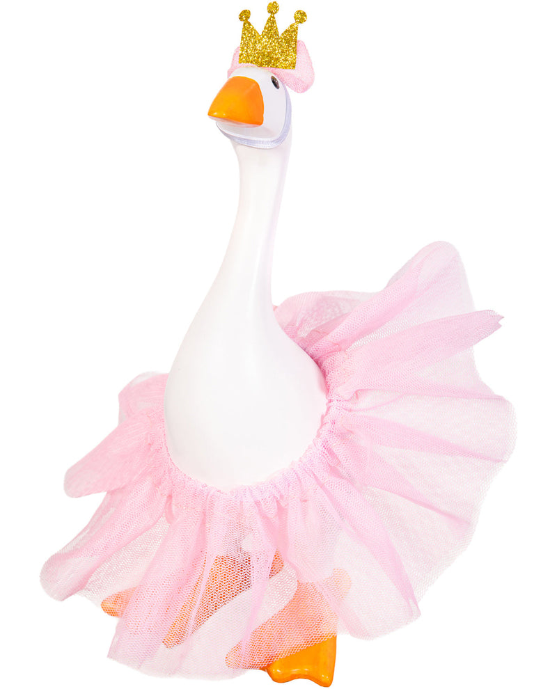 Plush toy goose with a pink tutu and gold crown on a white background