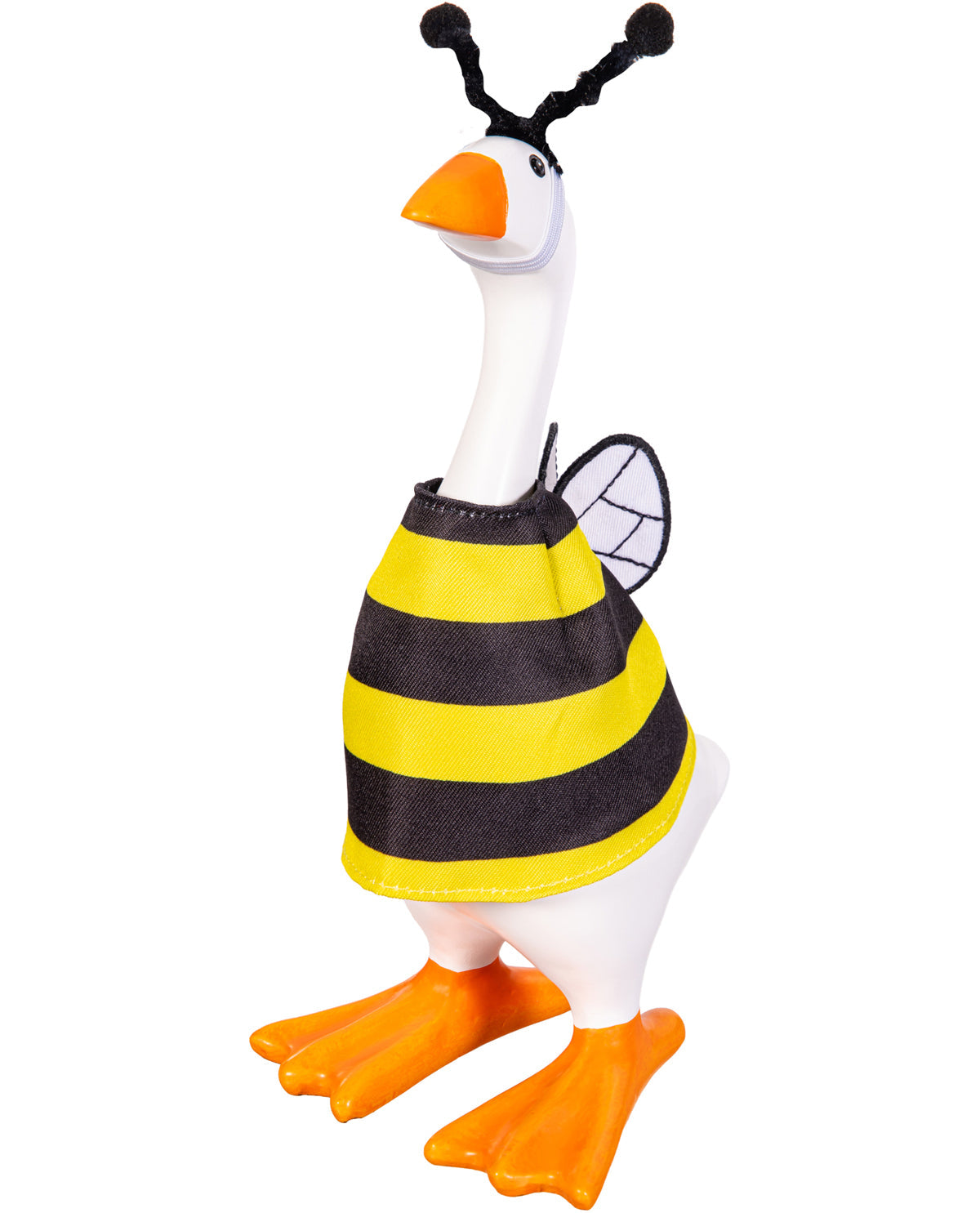 Goose wearing a bee costume with black and yellow stripes on a white background