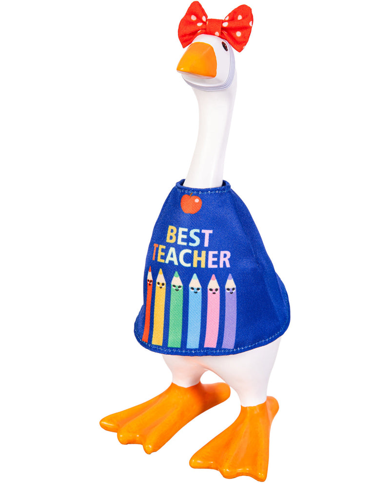 Toy goose with a blue apron saying 'Best Teacher' on a white background