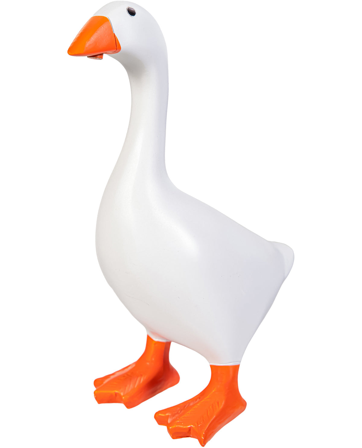 White goose figurine with orange feet and beak on a white background
