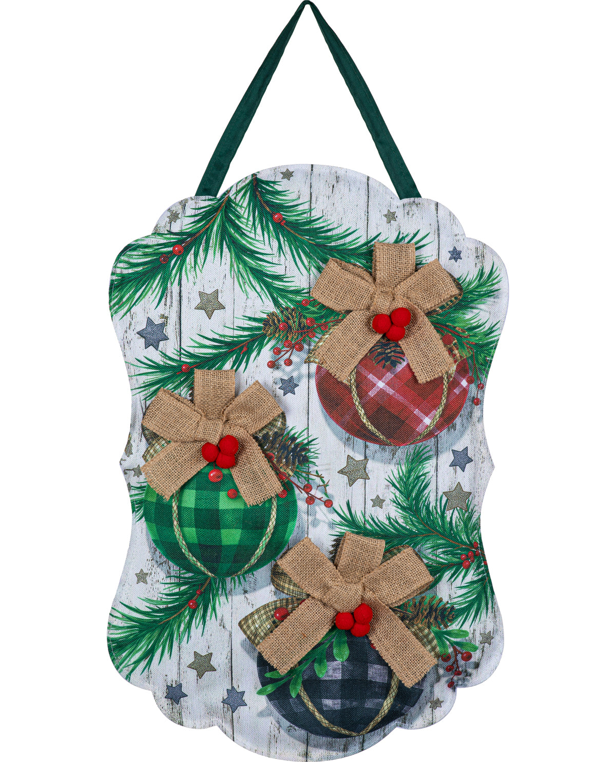 A scalloped Christmas wreath wall hanging with a white wood-plank background, green pine branches, silver stars, and three hanging ornaments in green, red, and navy plaid. Each ornament is tied with a tan burlap bow and decorated with small red hearts.