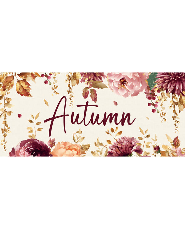 A horizontal decorative banner with the word 'Autumn' in dark burgundy script, surrounded by watercolor-style autumn flowers and leaves in pink, burgundy, peach, and gold tones on a cream background.