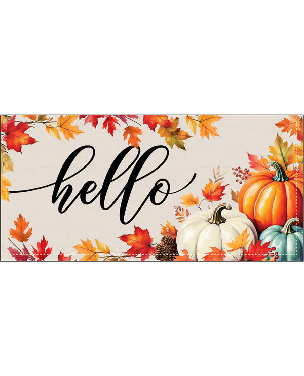 A rectangular decorative sign or mat with a fall harvest design, featuring the word 'hello' in black script over a cream background, surrounded by orange, red, yellow, and white pumpkins and autumn leaves.