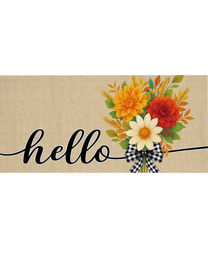 A rectangular decorative sign or print with a beige linen-textured background, black cursive 'hello' script, and a bouquet of autumn flowers in yellow, orange, white, and red tied with a black-and-white gingham bow. The sign is centered on a white background.