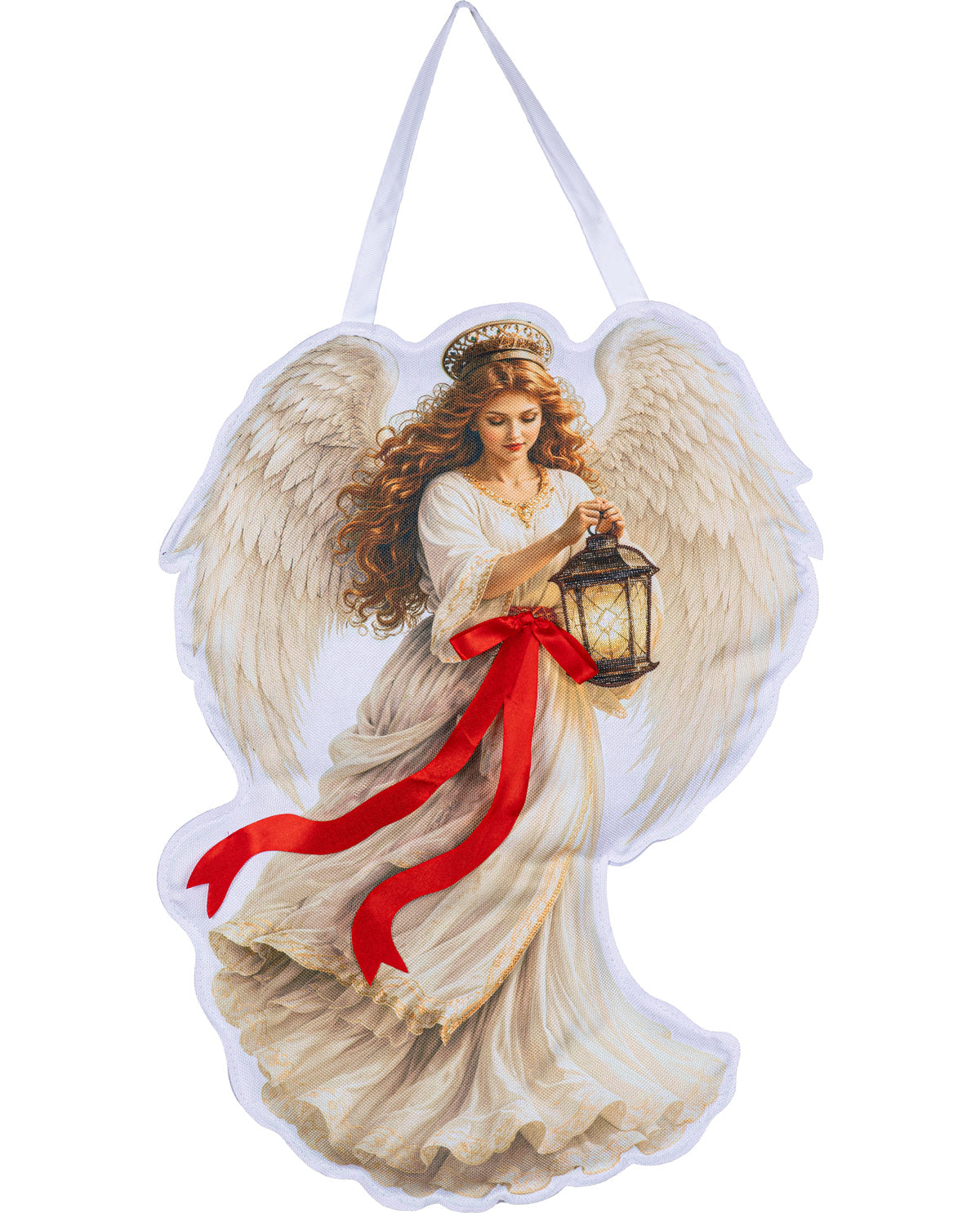 An angel-shaped hanging ornament featuring an illustrated angel with large white wings, a flowing cream gown, a red ribbon, and a lantern, suspended by a white string on a plain white background.