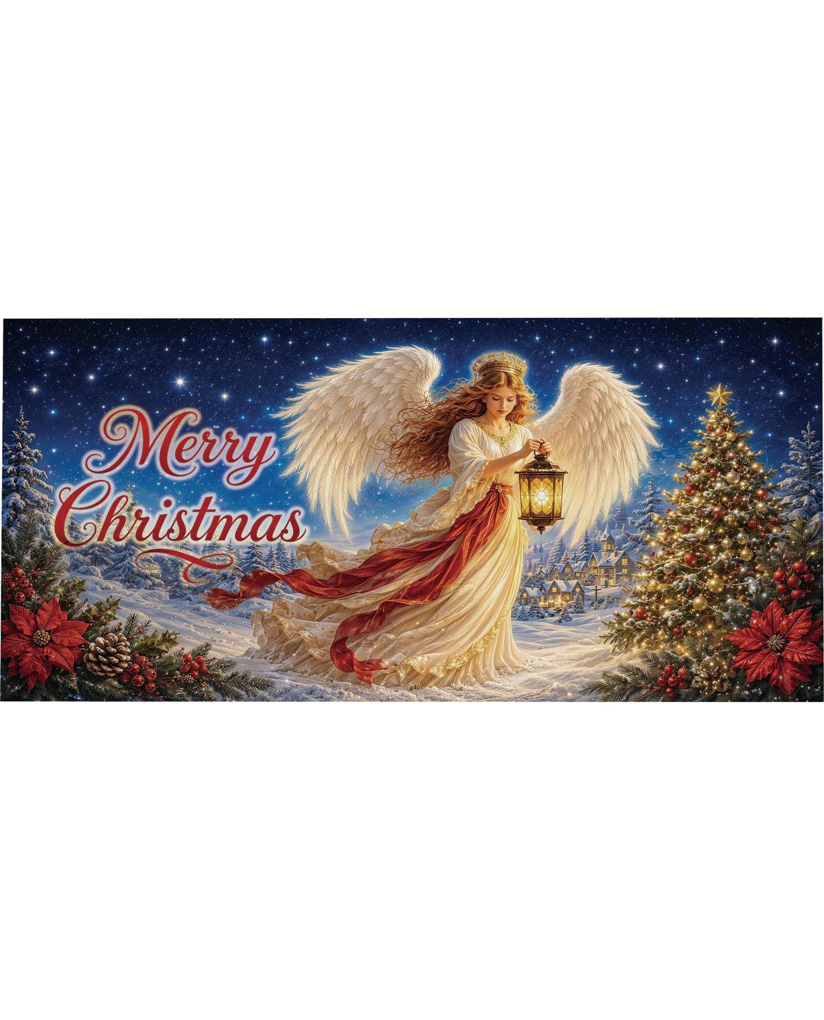 A rectangular Christmas-themed artwork or print featuring a winged angel in a flowing cream and red gown holding a glowing lantern, with snow, a decorated Christmas tree, poinsettias, and the text 'Merry Christmas' on a dark blue starry sky background.