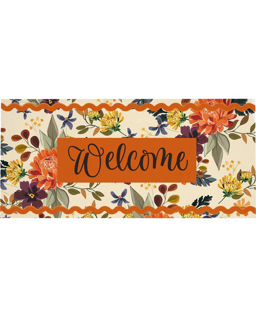 A rectangular autumn-themed floral welcome sign with an orange central panel reading 'Welcome' in black script, surrounded by orange, yellow, purple, and green flowers on a cream background with wavy orange borders.