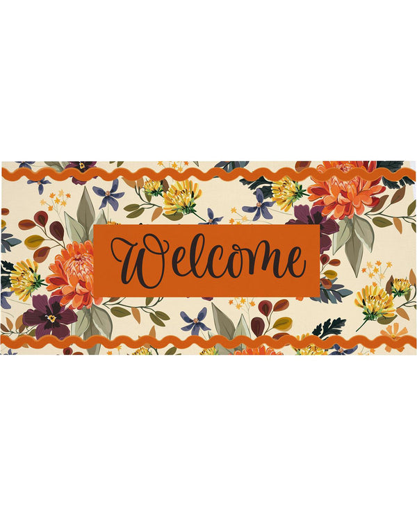 A rectangular autumn-themed floral welcome sign with an orange central panel reading 'Welcome' in black script, surrounded by orange, yellow, purple, and green flowers on a cream background with wavy orange borders.