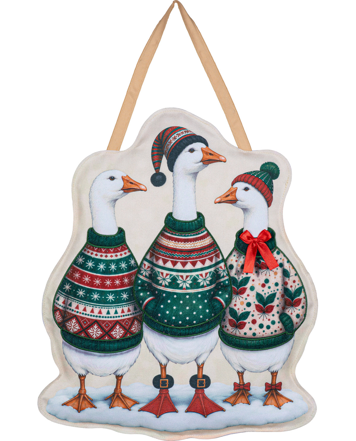 A decorative hanging ornament shaped like three white geese wearing festive Christmas sweaters, hats, and scarves, with a beige hanging loop at the top, shown on a plain white background.