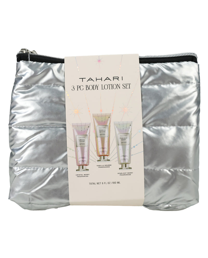A metallic silver quilted zippered pouch with a central paper label reading 'TAHARI 3 PC BODY LOTION SET' and showing three lotion tubes, photographed on a white background.