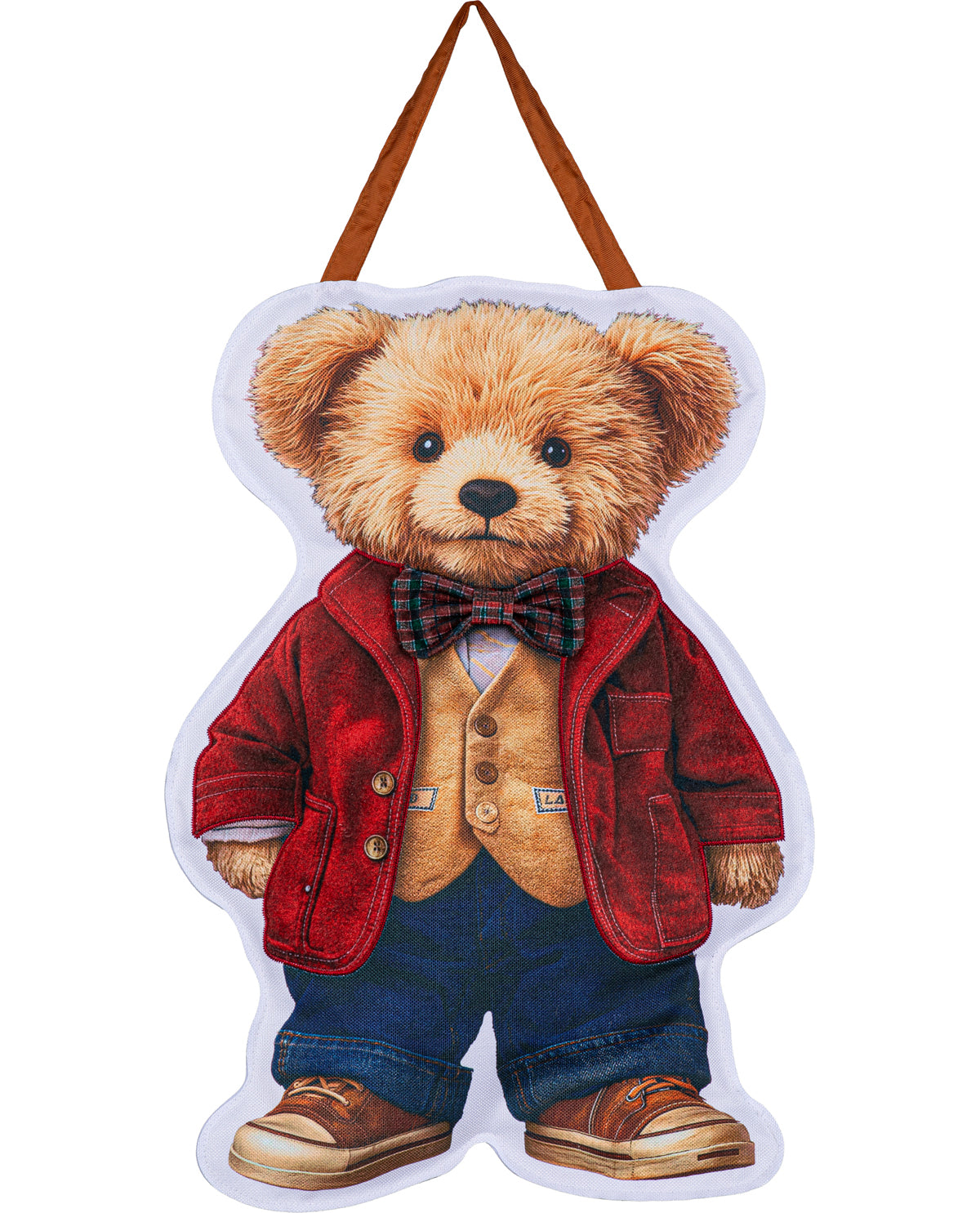 A teddy bear-shaped hanging decoration wearing a red jacket, tan vest, blue pants, and brown shoes, with a brown hanging loop at the top, shown on a plain white background.