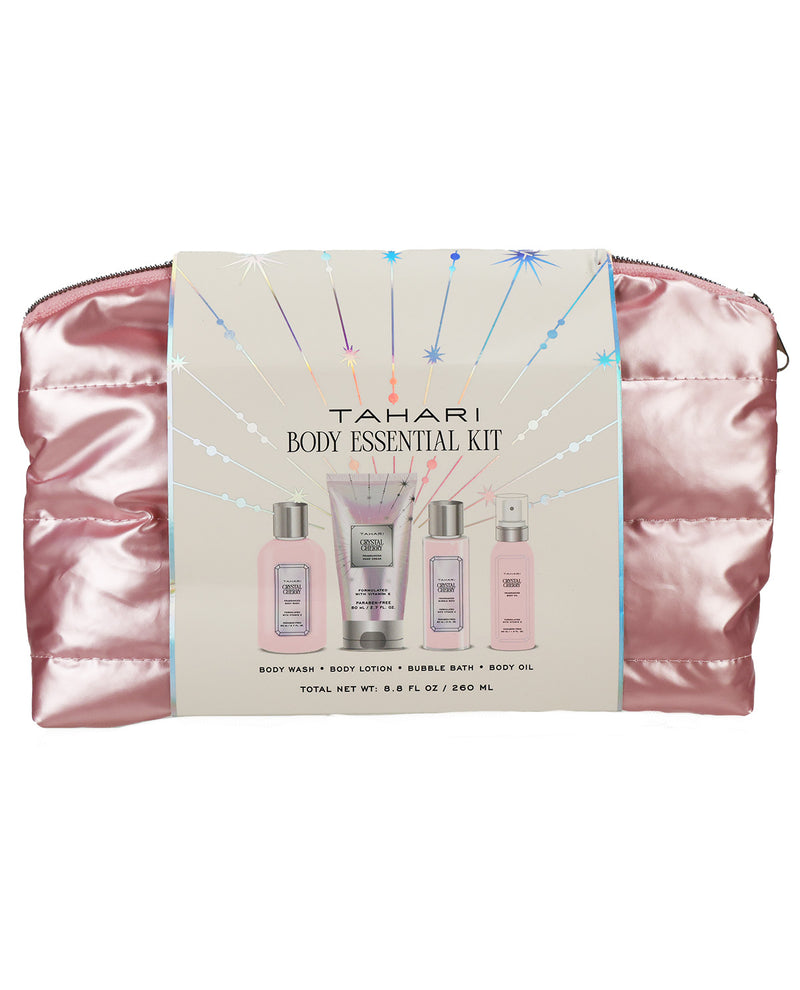Tahari Body Essential Kit in a shiny pink quilted zippered pouch with a central cream-colored paper band displaying the product set and brand name.