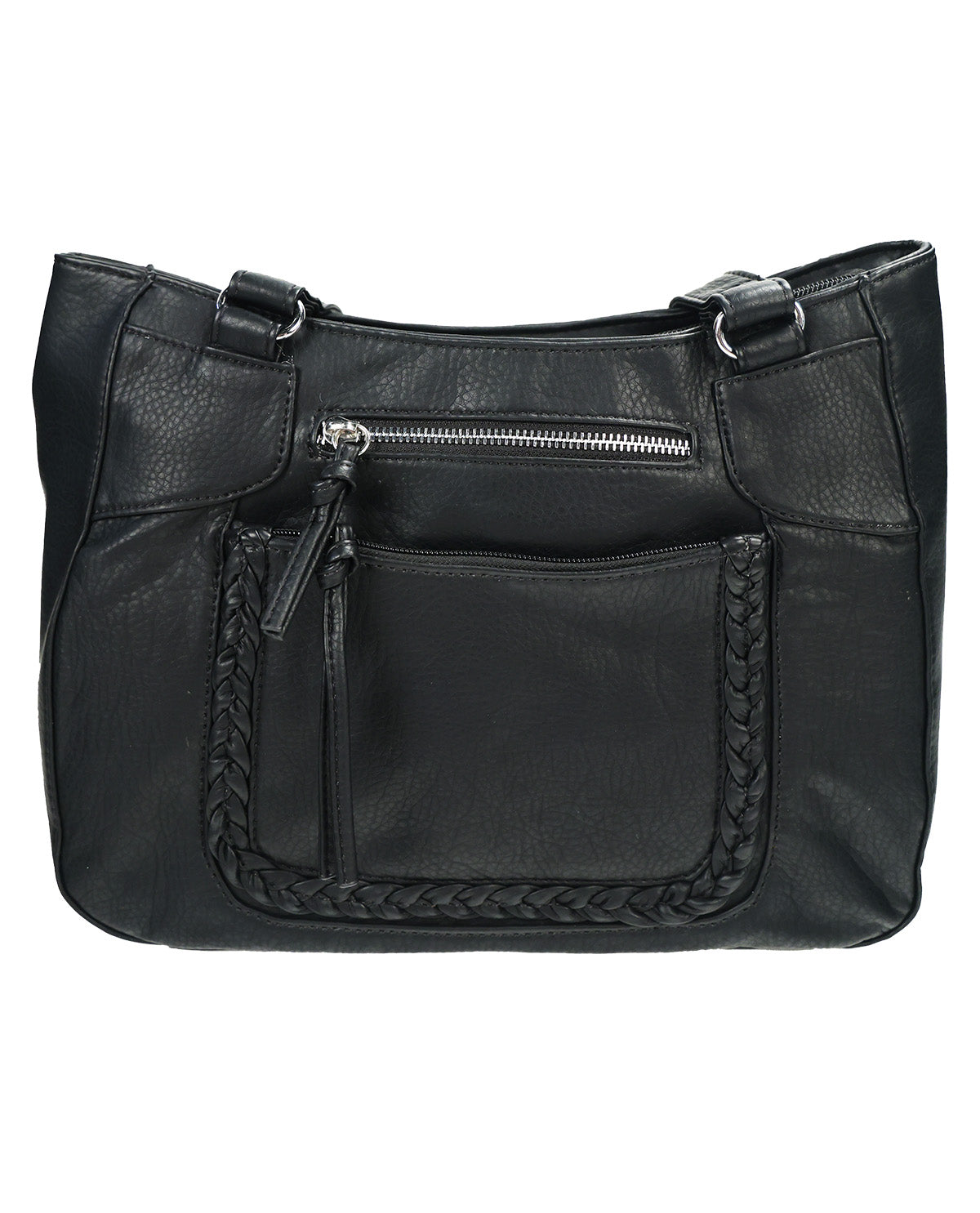 Black faux-leather shoulder bag with a front zippered pocket, braided trim, and silver-tone hardware, shown against a plain white background.