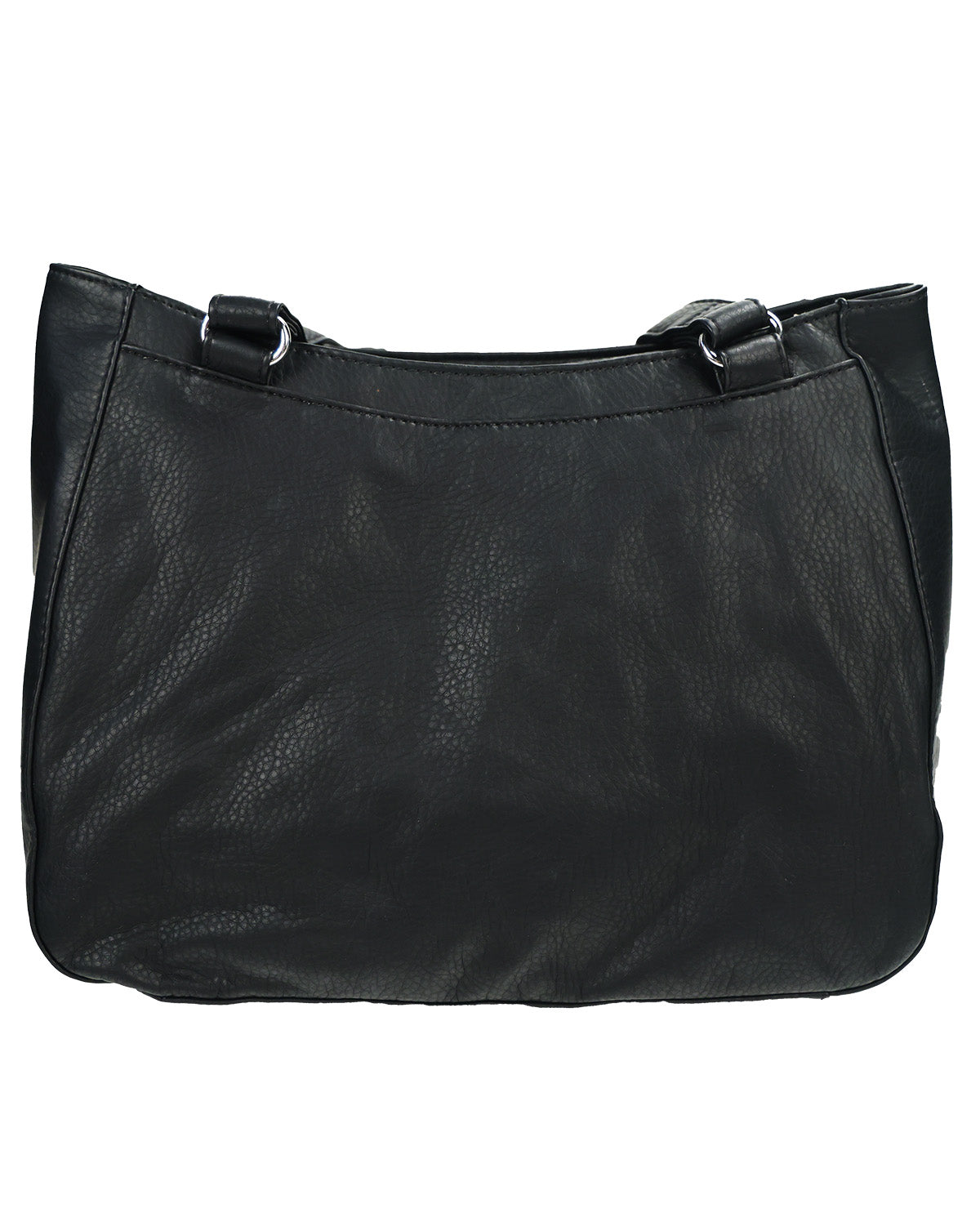 A black pebbled faux-leather shoulder bag with two top strap attachments, shown against a plain white background.