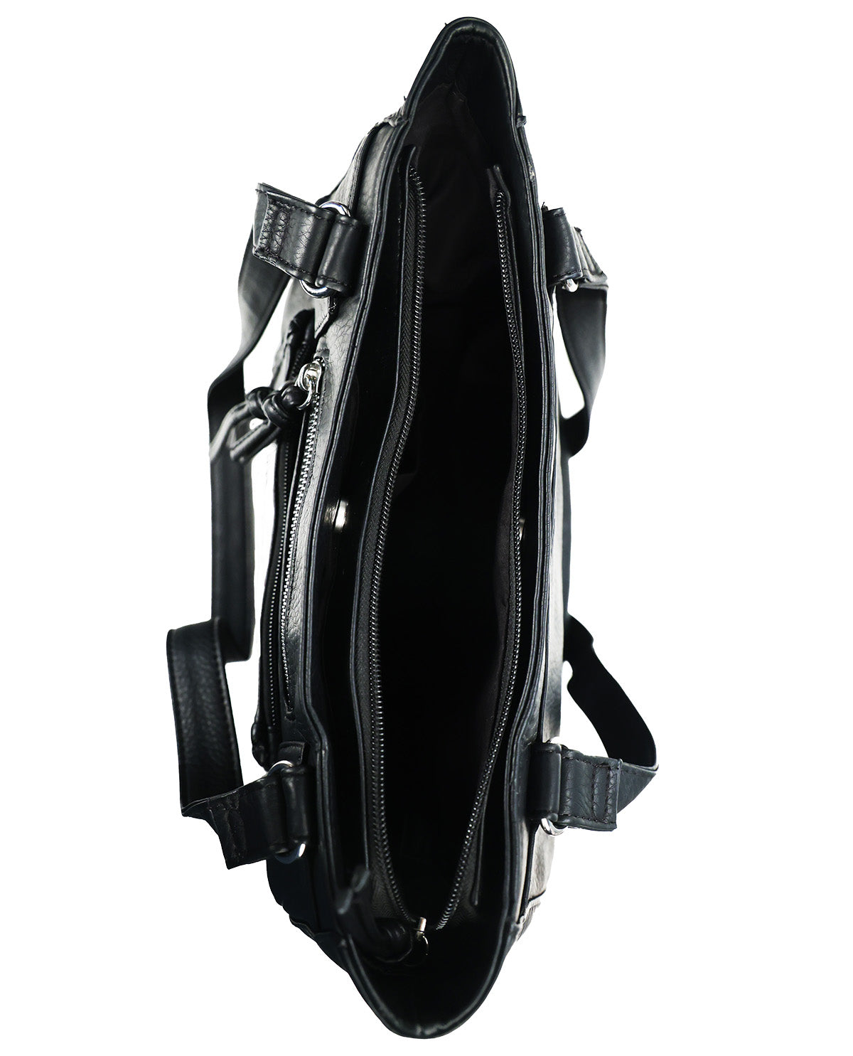 Black leather shoulder bag shown from a top-down view, highlighting its spacious interior with multiple zippered compartments and adjustable straps.