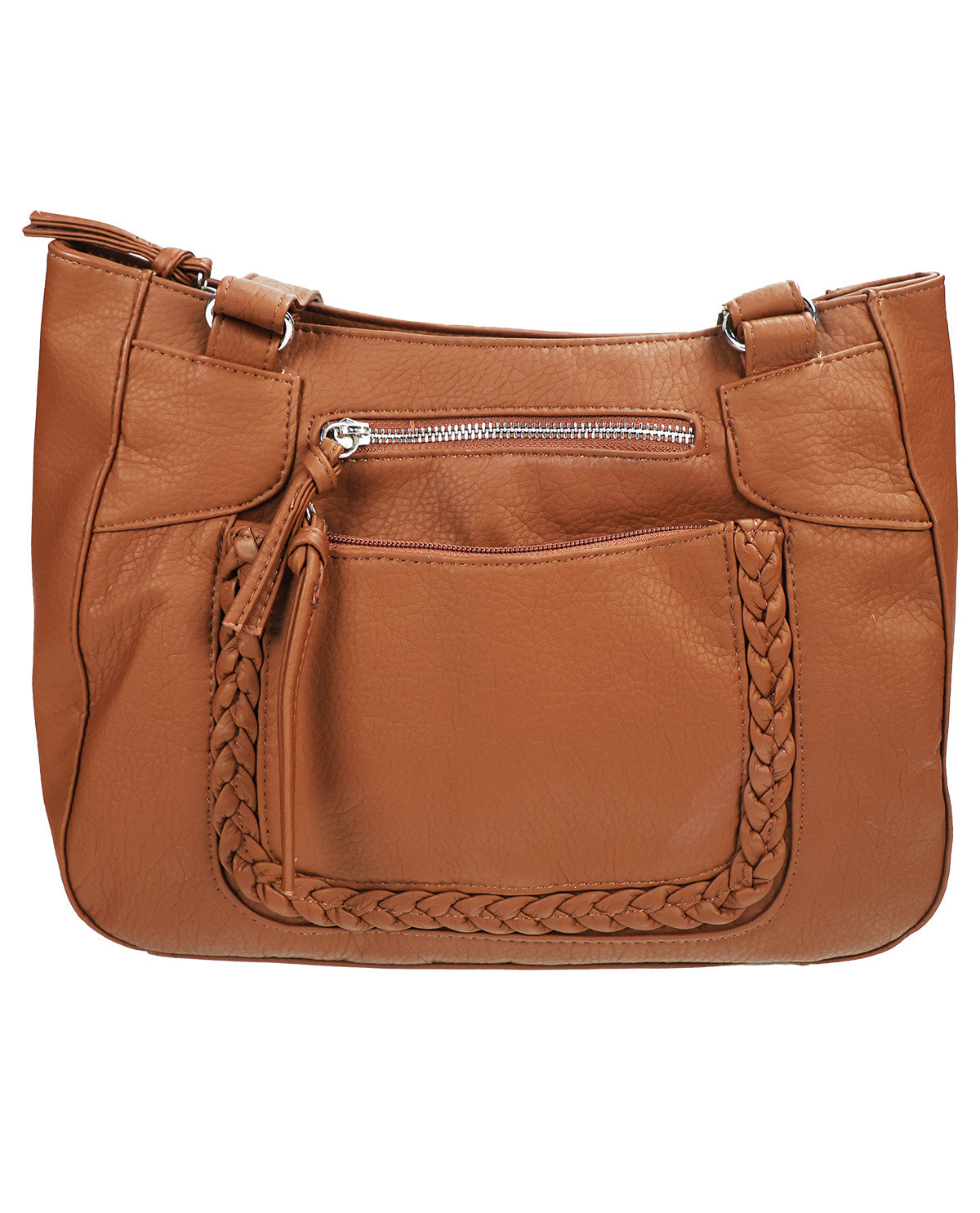 A tan leather shoulder bag with a front zippered pocket, braided trim details, and silver-tone hardware, shown against a plain white background.