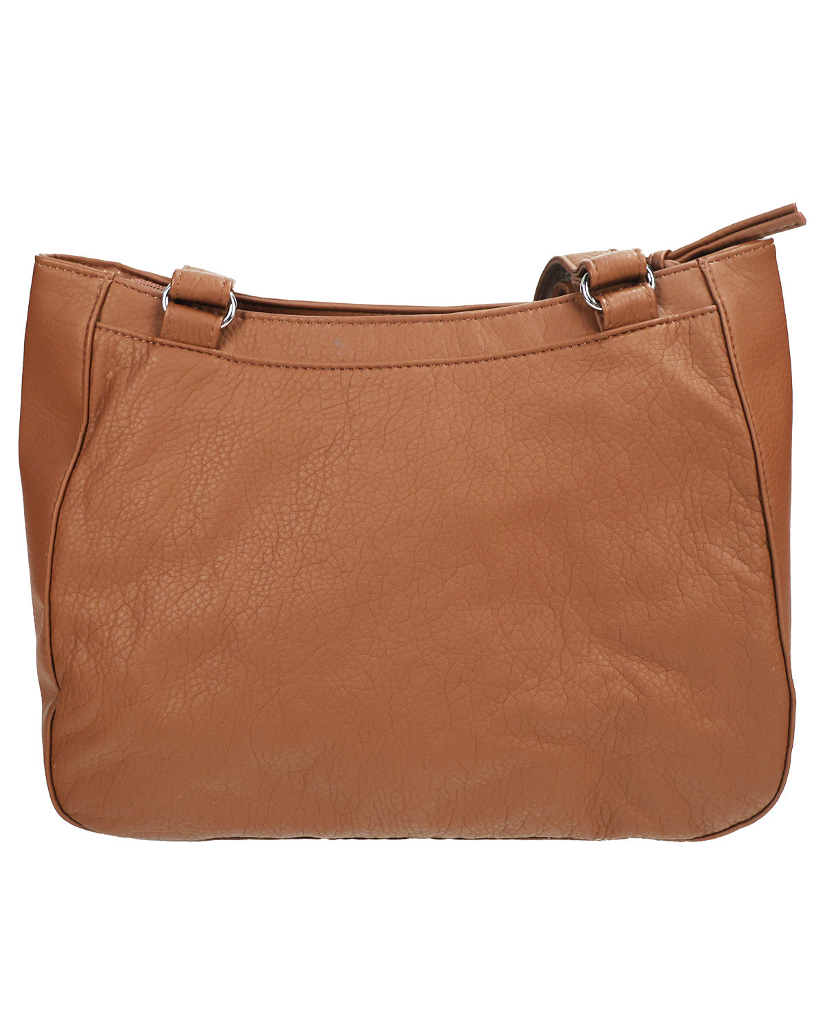 A tan faux-leather shoulder bag with a slouchy shape, dual top handles, and silver-tone metal hardware, shown against a plain white background.