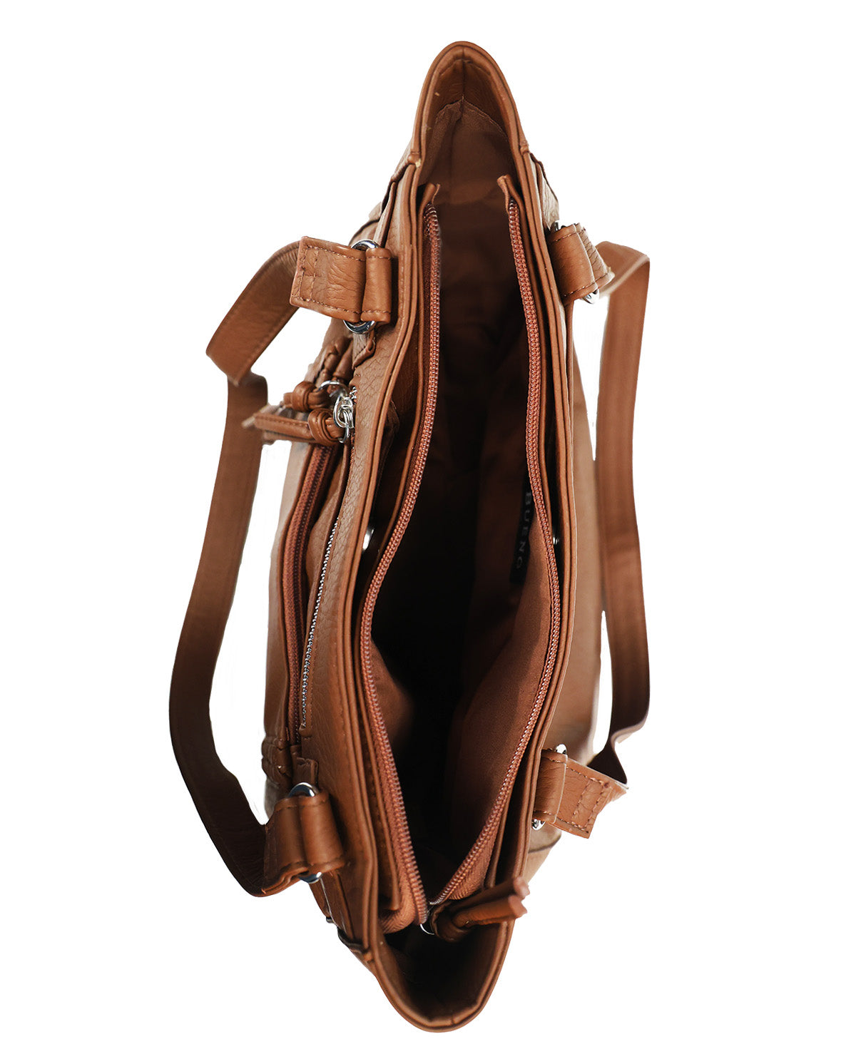 A brown leather shoulder bag shown from a top-down view, open to reveal multiple interior compartments with zippers, set against a plain white background.