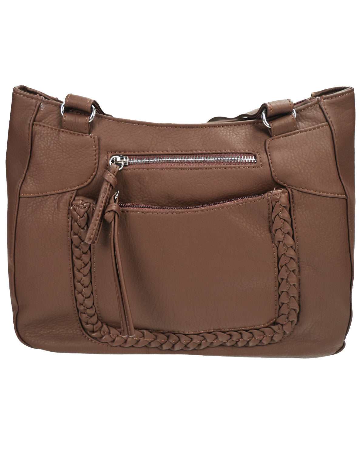 A brown faux-leather shoulder bag with a front zippered pocket, braided handle details, and silver-tone hardware, shown against a plain white background.