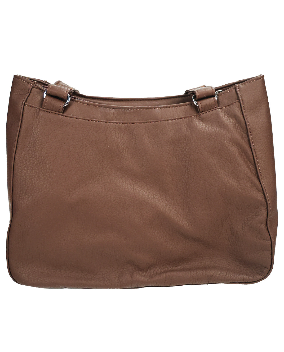 A brown pebbled leather shoulder bag with silver-tone hardware, shown against a plain white background.
